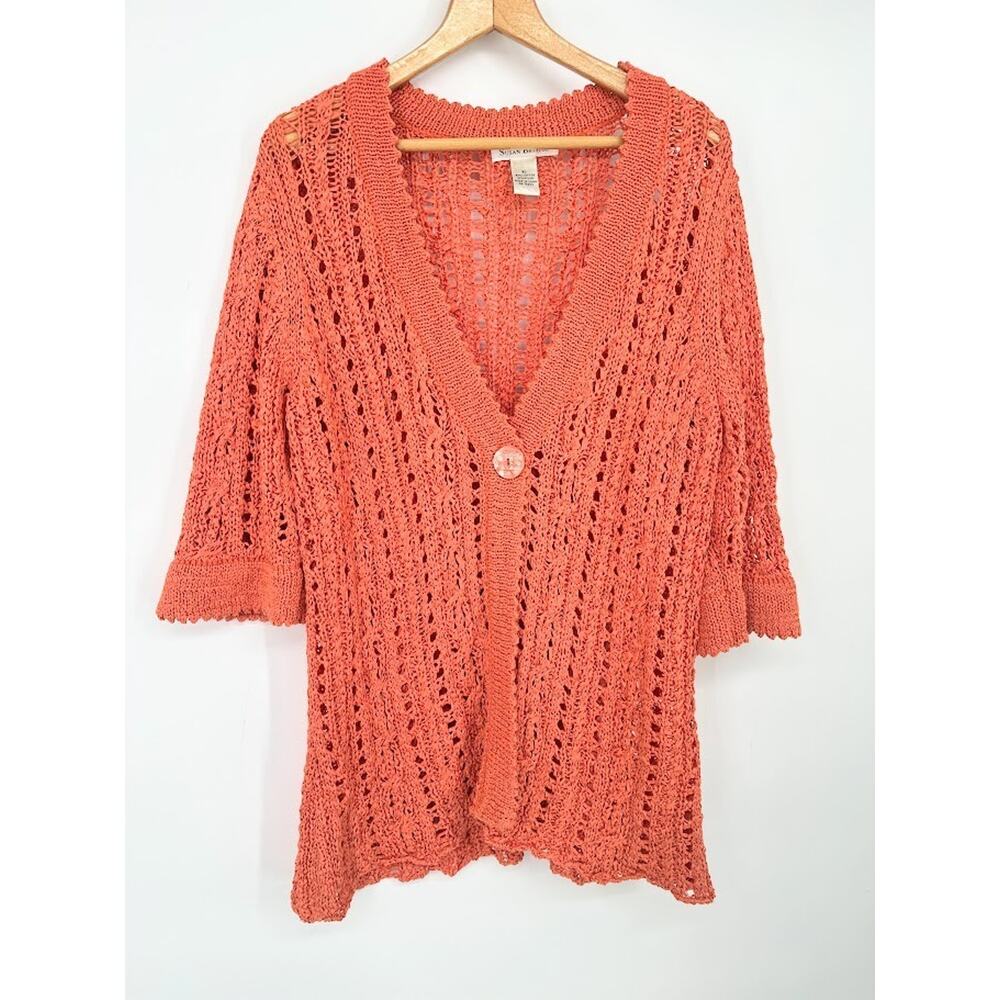Susan Bristol Open Knit Crochet Cardigan Sweater Size XL Orange Boho Coastal